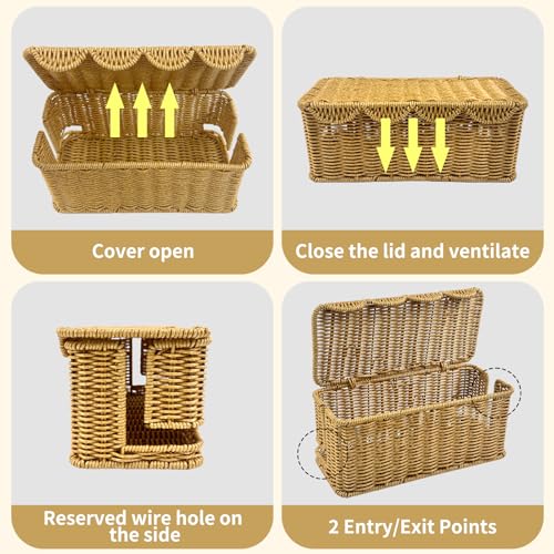 2 Pack Scalloped Edge Cable Management Box Handmade, Plastic Rattan Cable Organizer Box to Hide Wires, Under Desk Cord Organizer for Home TV Wires Computer Router USB Hub Strips (2 Open Slots)