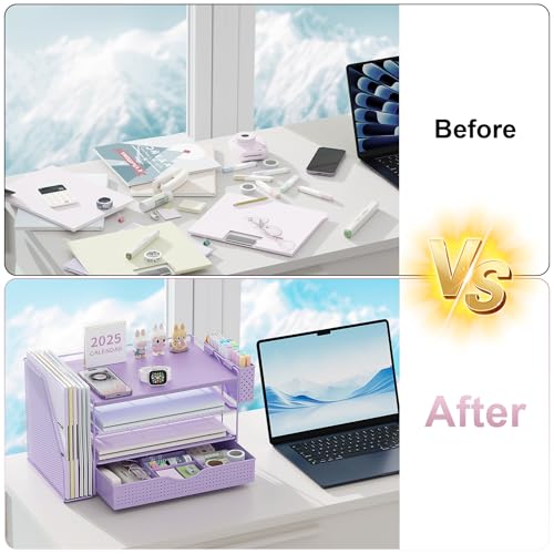 gianotter Wood Desk Organizers and Accessories with File Holder, 4-Tier Desk Accessories & Workspace Organizers with Drawer and Pen Holder, Desk Reference Organizer (Purple, 4T with Drawer) - color: Purple, size: 4T with Drawer