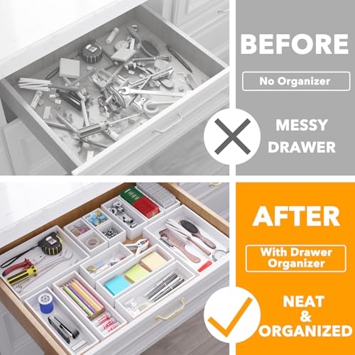 SpaceAid 14-Piece Bamboo Drawer Organizer Storage Boxes Set, Wood Tray Junk Drawer Organizers Multi-Use Divider Bins for Kitchen, Bathroom, Office Desk and Makeup Organization (14 Pack, White) - color: White