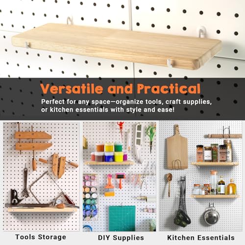 Solid Wood Pegboard Shelf, Pegboard Shelves with Pegboard Hooks, Pegboard Accessories for Craft Room, Garage, Gaming Room, 4 Pack