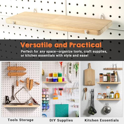 2 Pack Solid Wood Pegboard Shelf, High Balance and No tilt, 12" x 4" Pegboard Shelves Fit 1/4" Pegboard for Display Craft Garage Workbench Office
