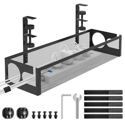 Under Desk Cable Management Tray No Drill 15.1’’, Metal Mesh Cable Management Box with Hybrid Side Slots Cable Raceway,Adjustable Cable Tray with Wire Management for Office Home,1 Pack (Black)