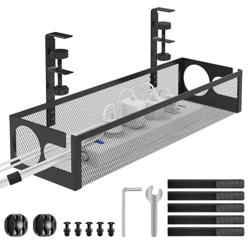 Under Desk Cable Management Tray No Drill 15.1’’, Metal Mesh Cable Management Box with Hybrid Side Slots Cable Raceway,Adjustable Cable Tray with Wire Management for Office Home,1 Pack (Black)