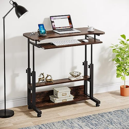 Tribesigns Portable Desk with Power Outlets, Height Adjustable Side Table Sofa Couch Bedside Laptop Computer Cart with USB Charging Ports, Mobile Small Standing Desk with Keyboard Tray - color: Brown