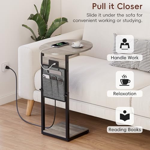 Vagusicc C Shaped End Table with Charging Station, 32" Tall Side Table for Couch and Recliner, Adjustable Height Small Couch Side Table Slide Under Sofa TV Tray Table for Living Room, Bedroom, Greige - color: Greige, style: Charging Station