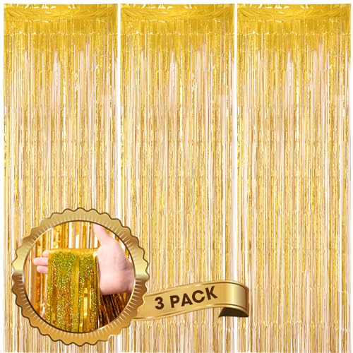 Voircoloria 3 Pack 3.3 x 8.2 ft Laser Gold Foil Fringe Backdrop Curtains, Tinsel Streamers Birthday Party Decorations, Fringe Backdrop for Graduation, Baby Shower, Gender Reveal, Disco Party - color: 06 Laser Gold