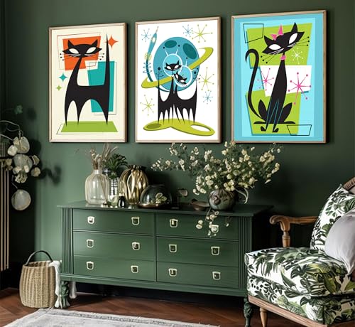 3pcs Futuristic Atomic Cats Canvas Wall Art Whimsical Funny Abstract Cat Posters Prints Modern Medieval Geometry Wall Decor Pictures for Living Room Bedroom Home Decoration Unframed - color: Quantum Cat-1, size: 16L" x 12W"-Posters