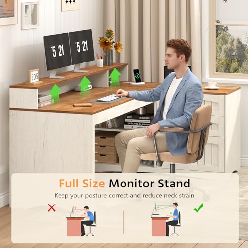 YOMILUVE Farmhouse L Shaped Desk, 61" Home Office Desk with Drawers and Storage Shelves, L Shaped Computer Desk with Power Outlet, Executive Desk with Monitor Stand, Printer Shelf, Brown and White