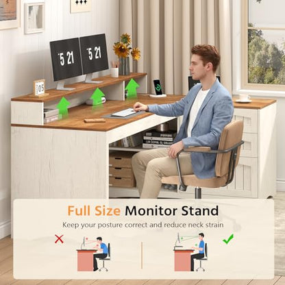 YOMILUVE Farmhouse L Shaped Desk, 61" Home Office Desk with Drawers and Storage Shelves, L Shaped Computer Desk with Power Outlet, Executive Desk with Monitor Stand, Printer Shelf, Brown and White