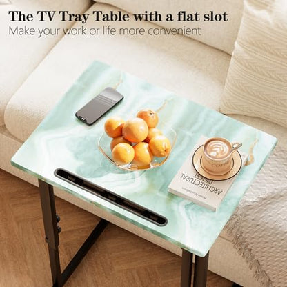 Adjustable Height Tv Tray Table,Portable Folding Tv Tray Dinner Snack Trays Table,Small Foldable C-Shaped End Table for Eating,Slide Under Couch Side with Sturdy MDF Top,No Assembly(Sea Blue+Black) - color: Sea Blue+black