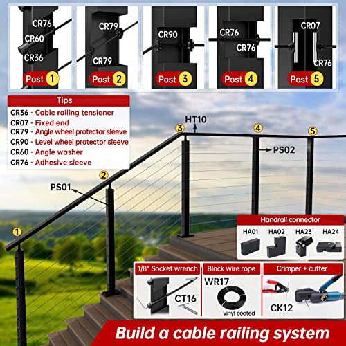Muzata 40 Pack 1/8" 30 Degree Angle Wheel Black Cable Railing Grommets ONLY for Angle 1/8" 5/32" 3/16" Wire Rope T316 Stainless Steel Protector Sleeves Deck Cable Railing Hardware Kit Metal Posts CR79 - size: 40P, style: Black For Stairs