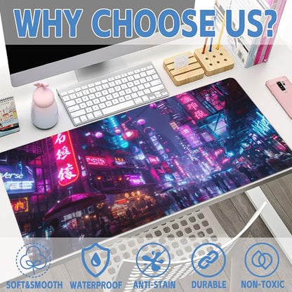 Desk Mat,Cyberpunk Neon City Large Gaming Mouse Pad for Desk XXL,Futuristic Night Street Desk Pad,Extended Big Computer Keyboard Mouse Pad with Non-Slip Base and Stitched Edge 35.4"x15.7" - color: Cyberpunk Neon City, size: XXL-35.4"x15.7"