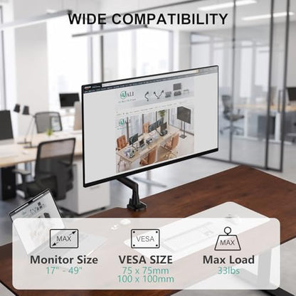 WALI Heavy Duty Single Monitor Arm for 17-49 Inch Flat Curved Ultrawide Screens, up to 33 Lbs, Adjustable Single Monitor Desk Mount for Home Office Gaming, VESA 75/100mm (GSM001XLN), Black - size: 17" to 49"