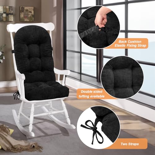 Rocking Chair Cushion -High-Density Sponge, Durable Comfort Non-Slip Bottom Tufted Seat Pads with Ties - color: Reversible | Black
