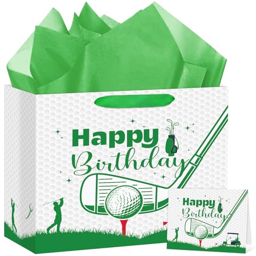 Hooqict Golf Gift Bag Happy Birthday Party Gift Bag with Handles, Wrapping Paper, Greeting Card for Boys Kids Men Golf Themed Birthday Decorations Sports Party Supplies - color: Golf