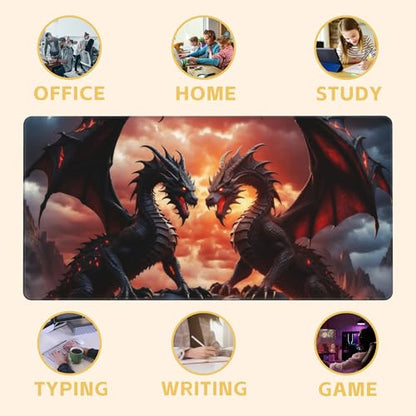 Dragon Desk Mat Large Mouse Pad Gaming Mousepad 31.5 x 15.8 in | Desk Pad for Keyboard and Mouse, Large Non-Slip Rubber Base Mousepad Desk Mat with Stitched Edges for Gaming Office - color: Dragon
