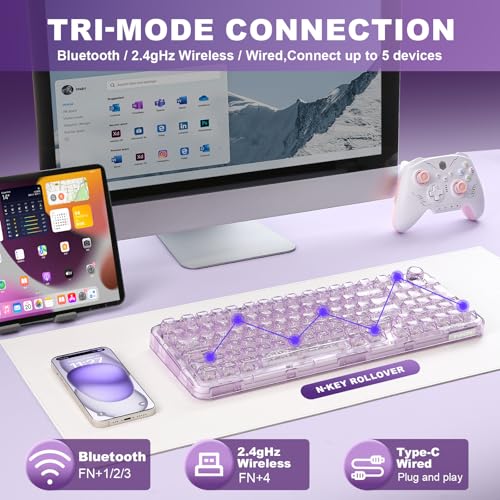 YUNZII X98 QMK/VIA Wireless Mechanical Gaming Keyboard with Knob,Tri-Mode BT5.0/USB-C/2.4GHz Hot Swappable Keyboard,Pre-lubed Switches Gasket Mount RGB Backlit for Wins/Mac (Purple, Crystal Switch) - color: Purple, size: Crystal Switch