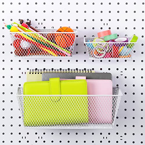 Photect Pegboard Wire Baskets Accessories Hanging Wall Organizer 3 Sizes Pegboard Bins Basket Home Garage Multi Fit Organizer for Slatwall(White,3 Pcs) - color: White