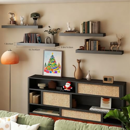 Floating Shelves with Raised Lip for Wall, 15.7 Inch Black Wooden Floating Wall Shelves, Set of 2, Wall Shelves for Bedroom Bathroom Living Room, Rustic Storage Display Shelves - color: Black