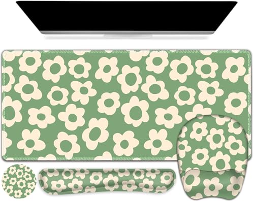 Large Mouse Pad with Wrist Support 4in1 Set, XXL Game Mousepad +Keyboard Wrist Rest+Mouse Wrist Rest+Coaster Ergonomic Design Gaming Mat for Home Office Table Computer I Vintage Groovy Flowers - color: Vintage Groovy Flowers