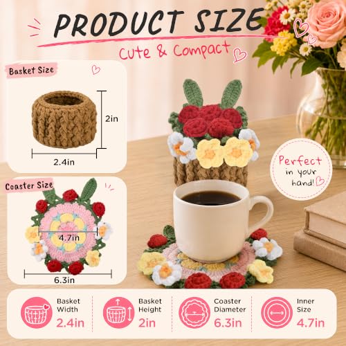 Flower Crochet Coasters, Handmade Bouquet Blanket Coaster with Crochet Plant Pot Fun Soft Decorative Drink Coasters for Coffee Tabletop Protection and Home Decor (Floral Pink, 1Pc) - color: Floral Pink, size: 1Pc