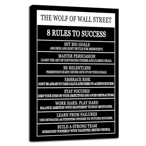 The Wolf Of Wall Street 8 Rules To Success Motivational Wall Art Printed Canvas Poster Inspirational Wall Decor for Office Hallway Gym Bedroom Living Room Framed Ready to Hang [12" W X 18" H] - color: A-ONE-35, size: 12"L x 18"W