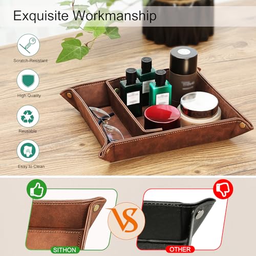SITHON Valet Tray Desktop Storage Organizer, Removable 2 Compartments Catchall Tray Bedside Vanity Nightstand Caddy Holder Desk Storage Plate, Graduation, Brown - color: Brown