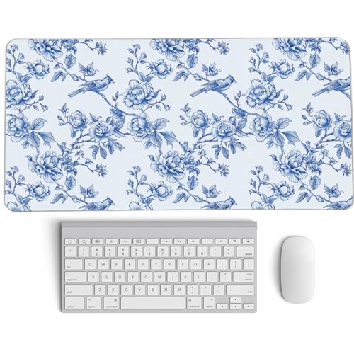Navy Blue Chinoiserie Mouse Pad,Vintage Blue and White Floral Desk Mat,XL Large Flowers and Birds Preppy Mouse Pad,Girly Laptop Desk Mat for Dorm Home Office,23.6x11.8 Inch - color: L Navy blue