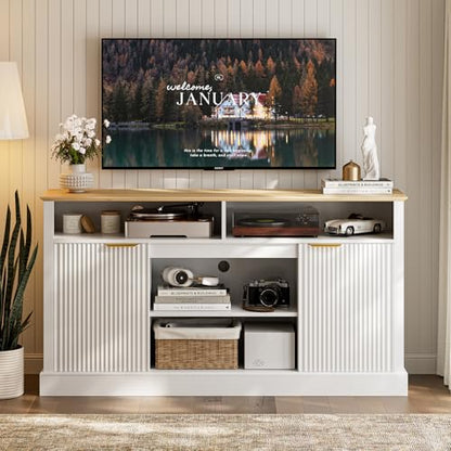 LCRBOL TV Stand for up to 65" TV, Mid-Century Entertainment Center, White | 63"W x 15.4"D x 25"H, 2 fluted cabinets, 1 drawer & open shelves, natural top, top holds 180 lbs, ~90 min assembly - color: White & Natural