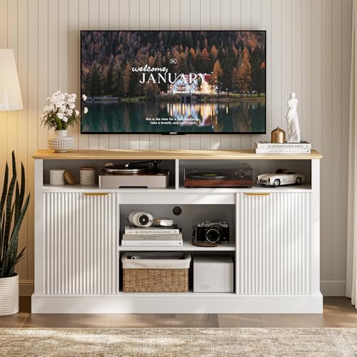 LCRBOL TV Stand for up to 65" TV, Mid-Century Entertainment Center, White | 63"W x 15.4"D x 25"H, 2 fluted cabinets, 1 drawer & open shelves, natural top, top holds 180 lbs, ~90 min assembly - color: White & Natural