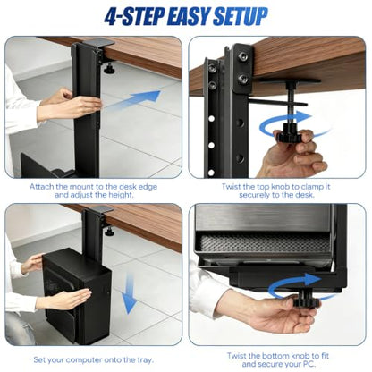 TooCust Adjustable Under Desk PC Mount, Heavy Duty No Drilling Clamp Mount on Desk Fits Most PC Tower 14.5”-22.4” (H) , Thickened & Ultra Strong CPU Holder for Standing Desk & Home Office, Black - color: Black