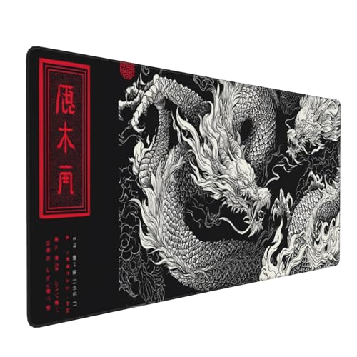 Large Gaming Mouse Pad with Dragon Design, Non-Slip, 35.4" x 15.7", Black and Red Japanese Style Desk Mat - color: Dragon