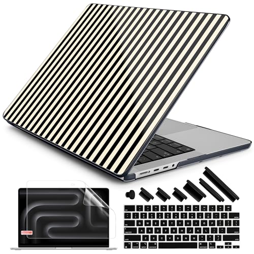 DONGKE Case for MacBook Pro 14 Inch (2026-2021 Release, M5 M4 M3 M2 M1 Pro/Max Chip), Plastic Slim Hard Shell Protective Cover with Keyboard Cover & Screen Protector, Black & Cream Stripes - color: Black & Cream Stripes