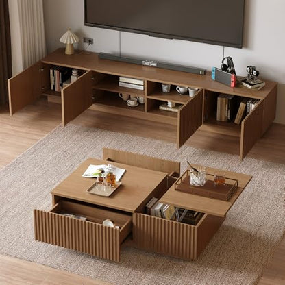 Walnut TV Stand and Lift-Top Coffee Table Set with Fluted Panel | Living Room Furniture Set, Walnut Finish, Adapts to Mid-Century Modern and Contemporary Home Styles