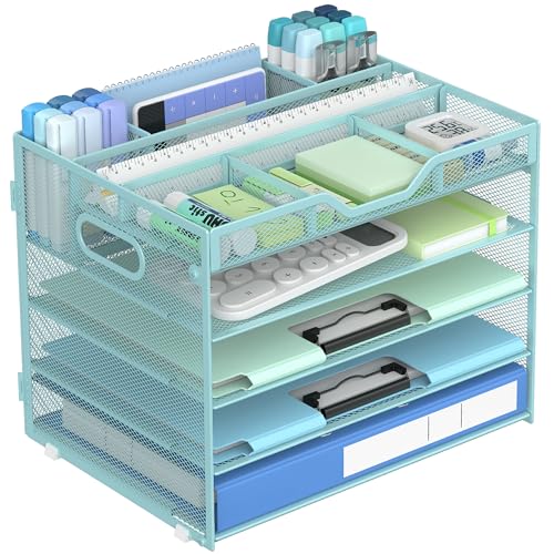 Docnest 5 Tier Mesh Desk Organizer- Letter Tray with Adjustable Compartments, Mesh Desktop Storage Built in Pen Holder and Handles, Desk Organizer Tray for Mail Documents Office Supplies-Blue - color: Blue