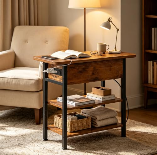 WLIVE End Table with Charging Station, Flip Top Narrow Side Table with Storage Shelf, Small Nightstand with USB Ports and Outlets,Bedside Table for Living Room, Bedroom,11.81" D x 23.62" W x 24.33" H - color: Rustic Brown
