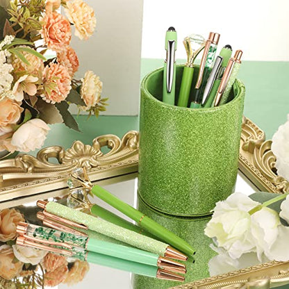 Sabary 8 Pcs Green Pens with Pen Holder for Desk Glitter Crystal Diamond Cute Ballpoint Fancy Pencil Holder Bling Desk Organizer for Women Girls School Office Supplies Wedding Graduation Gifts - color: Green