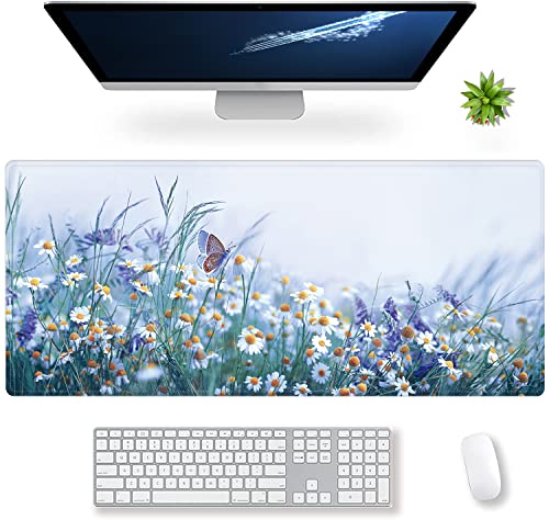 Extended Large Gaming Mouse Pad Wildflowers Chamomile and Butterflies XXL Size Keyboard Mouse Mat Desk Pad with Non Slip Rubber Base Stitched Edges Office Decor for Women Girls Men,35.4 x 15.7inch - color: chamomile and butterflies