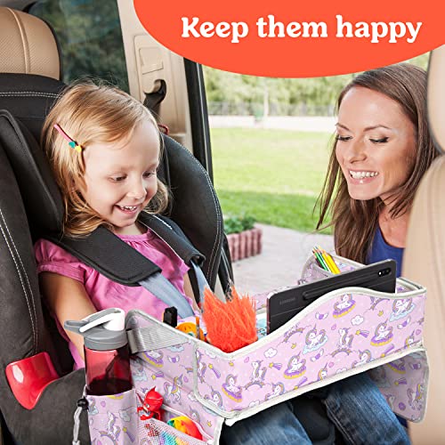 PILLANI Kids Travel Tray for Car - Carseat Tray for Toddler, Road Trip Must Haves with Cup Holder & Drawing Board - Toddler Airplane Travel Essentials for Girls - Car Accessories for Kids - color: Pink Unicorn