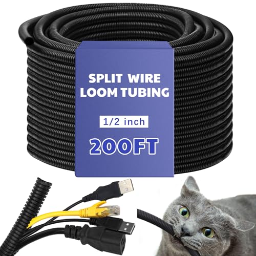 Kanayu Split Wire Loom Tubing Flame Retardant Wire Covering High Temperature Cable Sleeves Split Protector Cable Conduit for Industrial Electrical Automotive Marine(1/2''-200 ft,Black) - color: Black, size: 1/2''-200 Ft