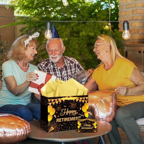 Hooqict Large Retirement Gift Bag Black Gold Happy Retirement Party Gift Bag with Handles, Wrapping Paper, Greeting Card for Men Women Coworker Teacher Farewell Going Away Party Favors - color: Retirement