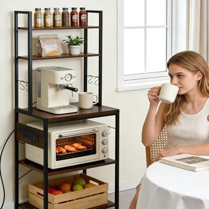 Luckyeestar 5 Tier Kitchen Bakers Rack with Power Outlet，25.2 Inch Metal Storage Shelf for Microwave, Coffee Bar, Spice Organizer, Freestanding Kitchen Cart with Hooks - size: 5-Tier 25.2 inches