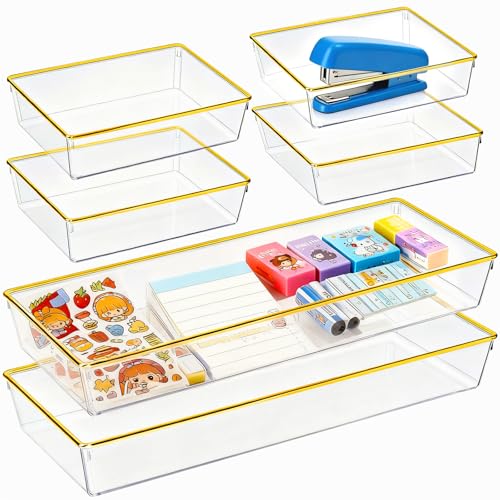 6 Pack Large Size Clear Stackable Drawer Organizer Trays, Gold Rim Makeup Drawer Storage Tray Divider, Desk Storage for Makeup, Jewelry, Bathroom, Stationary, Kitchen Utensils and Office Desk - color: Gold, size: 6 PACK