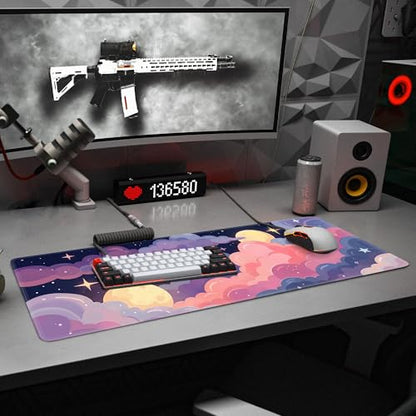 Cute Mouse Pad Kawaii Large Desk Mat Extended Keyboard Mouse Pad Pink Purple Cloud Mousepad with Non-Slip Base and Stitched Edge Gaming Mouse Mat Desk Pad 31.5 x 11.8 Mouse Pads for Desk Home Office - color: Colorful Clouds