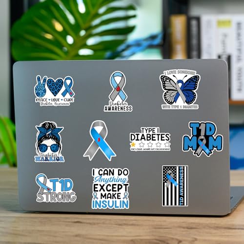 SODAVA [10Pcs, 3in] T1D Vinyl Sticker, Diabetes Awareness Stickers, Blue & Grey Ribbon Decals for Laptop, Water Bottle, Hard Hat, Journal, Car Window – Gift for T1D Warrior, Parent, or Loved One - color: T1d