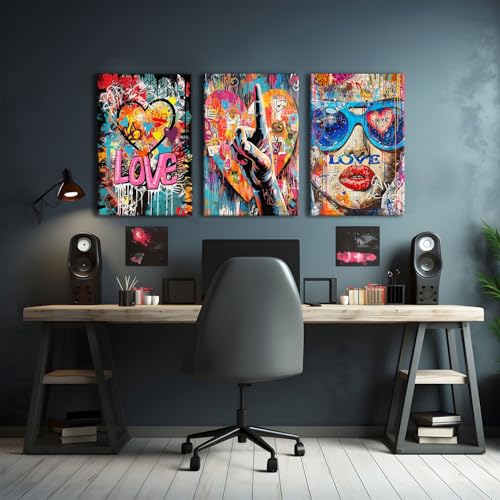 Banksy Wall Art Abstract Love Sign Graffiti Picture Wall Decor Street Fashion Pop Framed Canvas Prints Cool Artist Painting for Teens Men Cave Playroom Modern Living Room Home Decorations 16x24 3 Pcs - color: Banksy Art, size: 16"L x 24"W