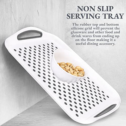 Silicone Nub Rectangular Non-Slip Serving Tray with Easy Grip Handles - Portable Anti-Slip Lap Tray for Dining On Couch or Breakfast in Bed - color: White