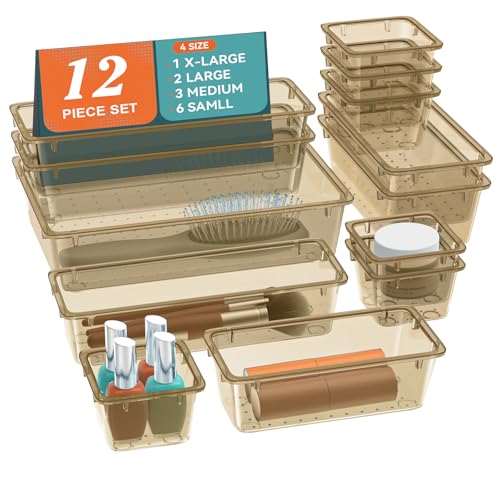 ElegantArray 12 PCS Drawer Organizer Set, 4 Sizes Tool Storage Trays, Clear Plastic Makeup Vanity Organizer and Storage Bins for Stationeries, Multiple Gadgets for Office, Bedroom, Champagne - color: Champagne, size: 12 Pcs