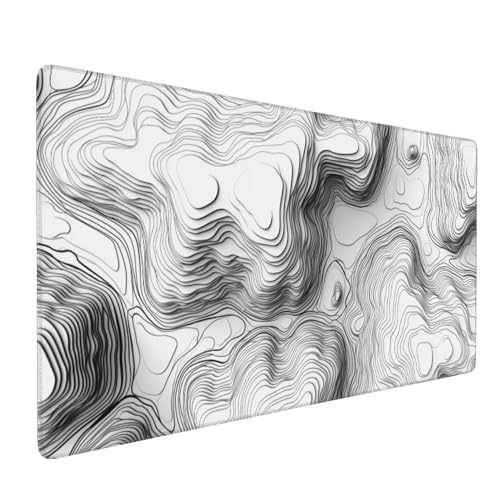 White Topographic Mouse Pad, XXL Extended Gaming Desk Mat, Non-Slip Rubber Base, Stitched Edges, 35.4" x 15.7" - color: White Topographic