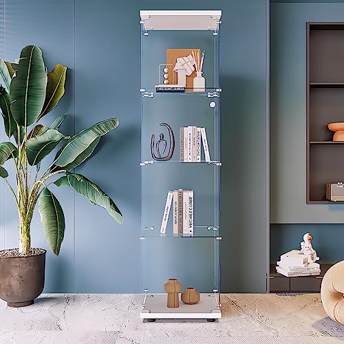 Beauty4U Glass Display Cabinet with 4 Shelves, Curio Cabinets for Living Room, Bedroom, Office, White Floor Standing Glass Bookshelf, Quick Installation - color: White, size: 1-Door 4-Shelf